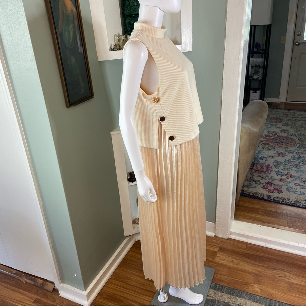 THML Cream Champagne Pleated Maxi/Midi Dress Sleeveless Layered Satin Large L - Picture 7 of 14
